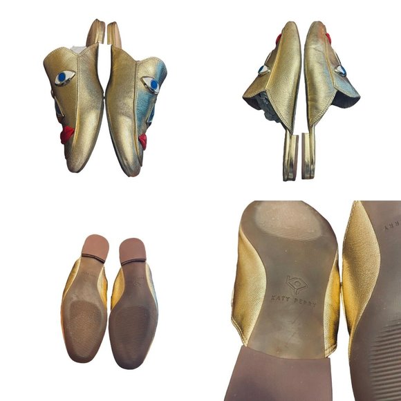 Katy Perry THE RUE Gold Mules Slides Size 6 Party Fun Artsy 3D Modern Glam Face - Picture 5 of 13